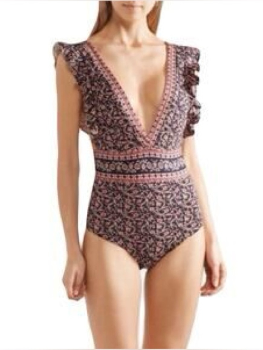 Sea New York Red Navy Paisley Ruffle Sleeve Plunge One Piece Bikini